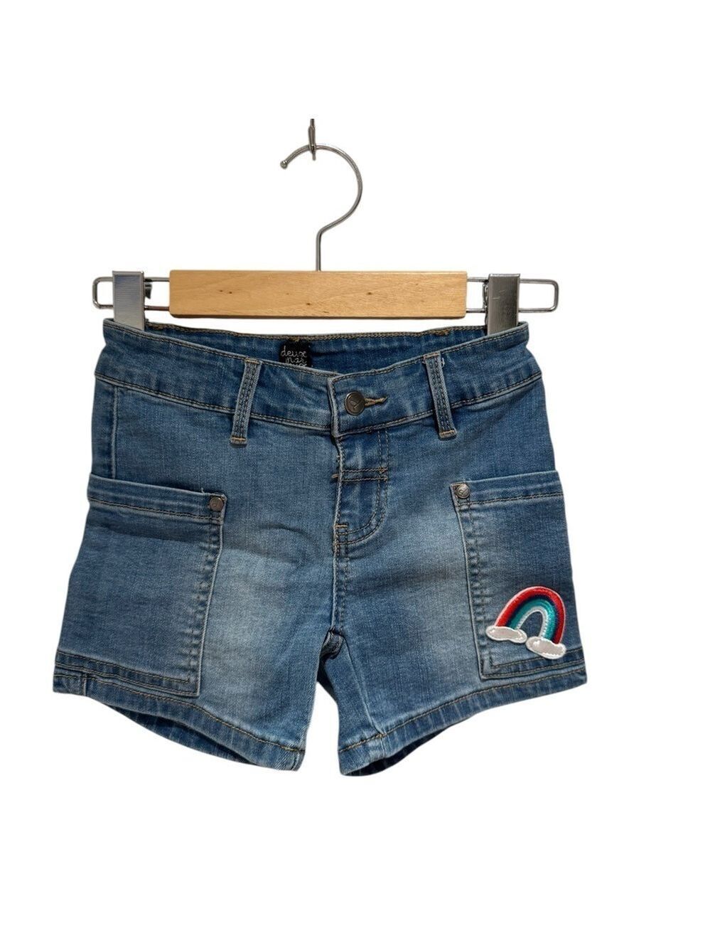 Deux par Deux Blue Denim Kids Shorts with Rainbow Patch - size 6